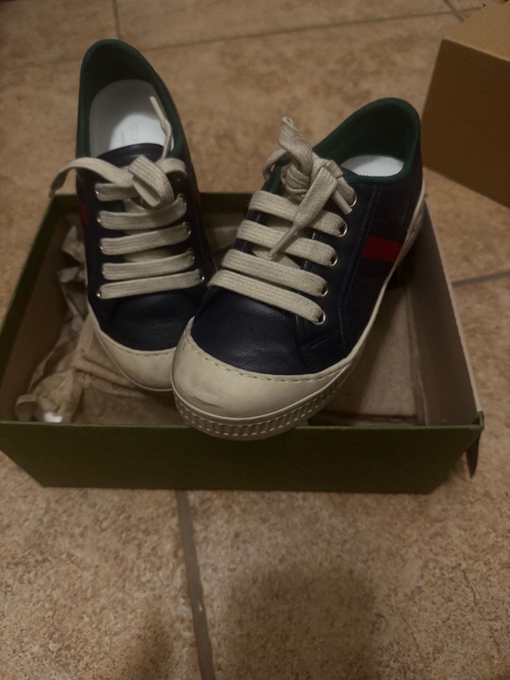 Kids Navy Leather Low-Top Sneakers with Red Accent